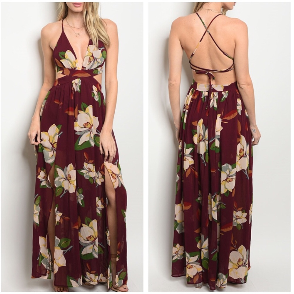 Burgundy Maroon Floral Slit Open Back Maxi Dress - Picture 3 of 3